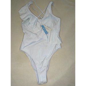 Alyson White Ruffle Double Crisscross Straps One Piece Swimsuit - size LG.  NWT